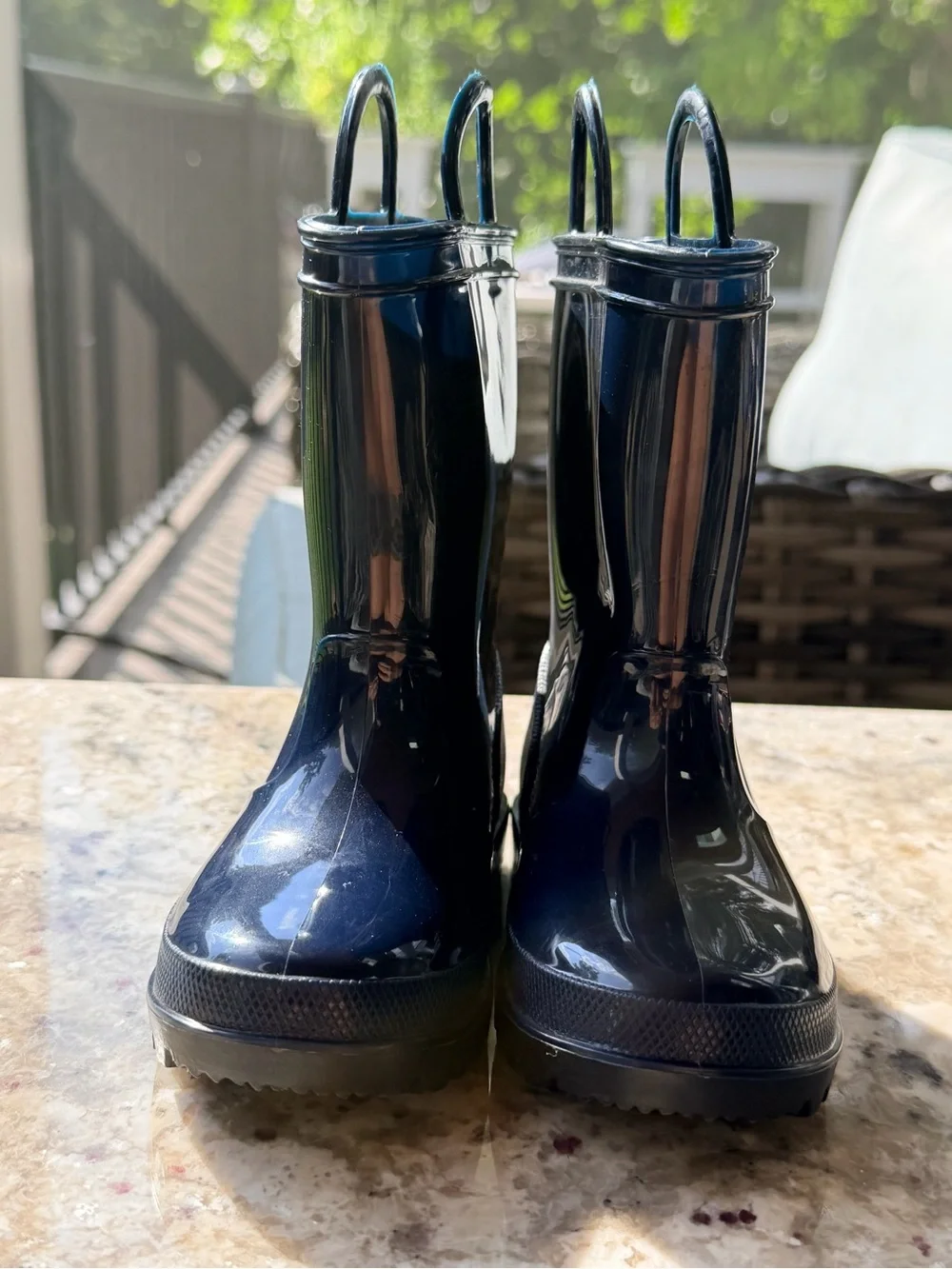 Kids Glossy Navy Rain Boots with Easy Pull Loops